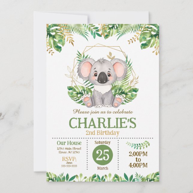Cute Koala Floral Sage Greenery 2nd Birthday Inbjudningar (Framsida)