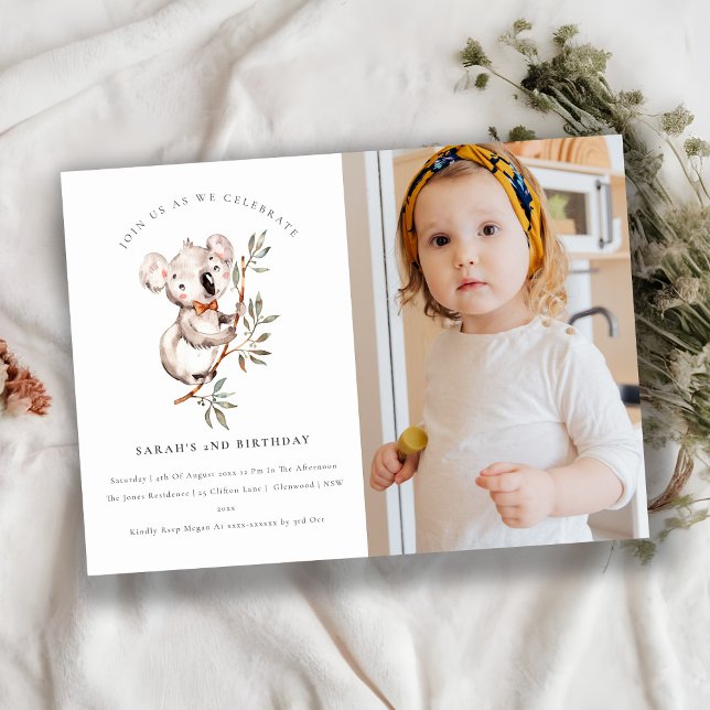 Cute Koala Foliage Photo any age Birthday Inbjudan (Skapare uppladdad)