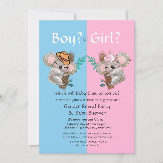 Cute Koala Gender Reveal Party/Baby Shower Inbjudningar (Framsida)