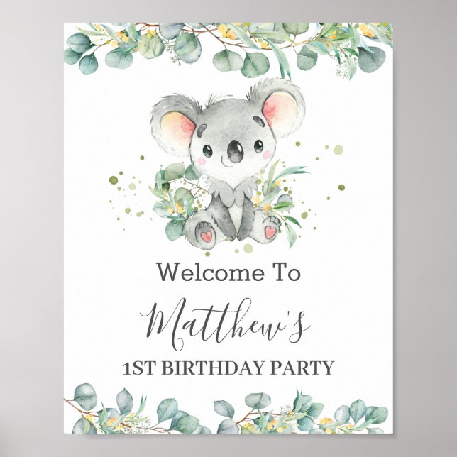 Cute Koala Greenery Baby Shower Birthday Välkommen Poster (Framsidan)