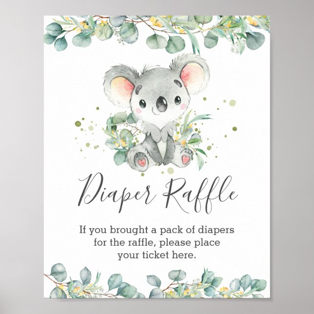 Cute Koala Greenery Baby Shower Diaper Raffle Sign Poster (Framsidan)