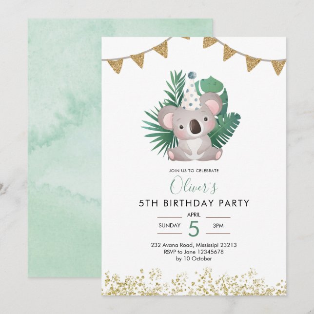 Cute Koala Greenery Barn Birthday Inbjudningar (Fram/baksida)