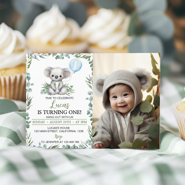 Cute Koala Greenery Birthday Photo Investigation Tack Kort (Skapare uppladdad)