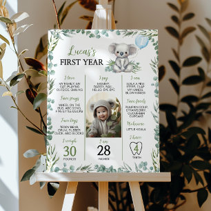 Cute Koala Greenery första året Photo Milestone Poster