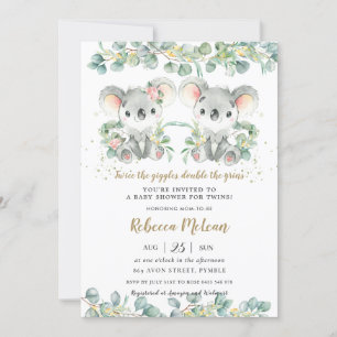 Cute Koala Greenery Twillingars Boy Baby Shower Inbjudningar