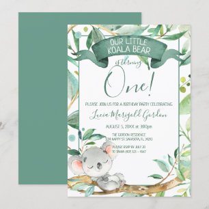 Cute Koala Grönt Grått First Födelsedagsfest Inbjudningar