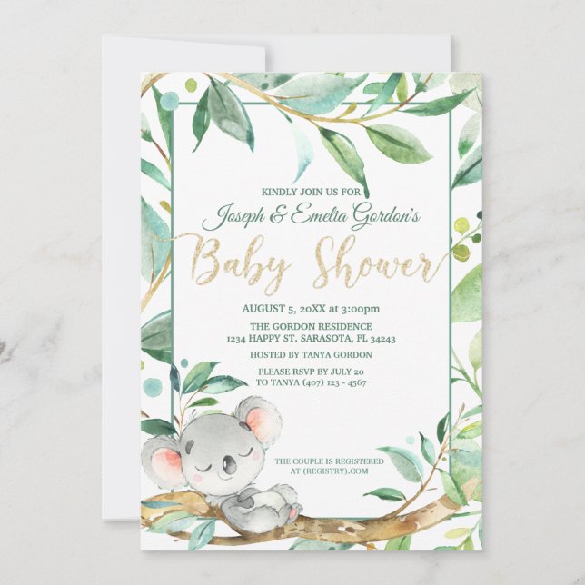 Cute Koala Grönt Kön Neutral Baby Shower Inbjudningar (Framsida)