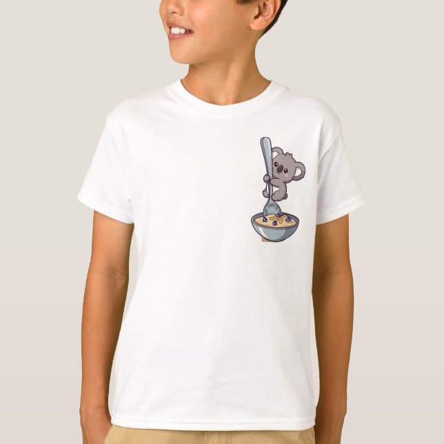 Cute Koala Hugging Giant Spoon in Oatmeal Bowl T Shirt (Framsida)