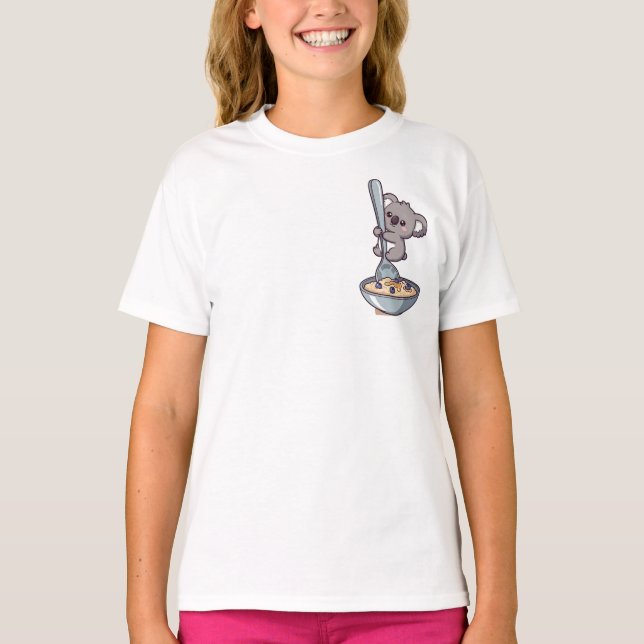 Cute Koala Hugging Giant Spoon in Oatmeal Bowl T Shirt (Framsida)