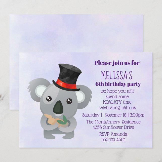 Cute Koala i Födelsedagsfesten Black Top hat Inbjudningar (Fram/baksida)