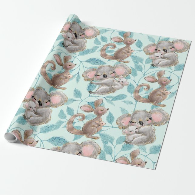 Cute Koala, Kangaroo Baby Grönt Wrapping Papper Presentpapper (Utrullad)