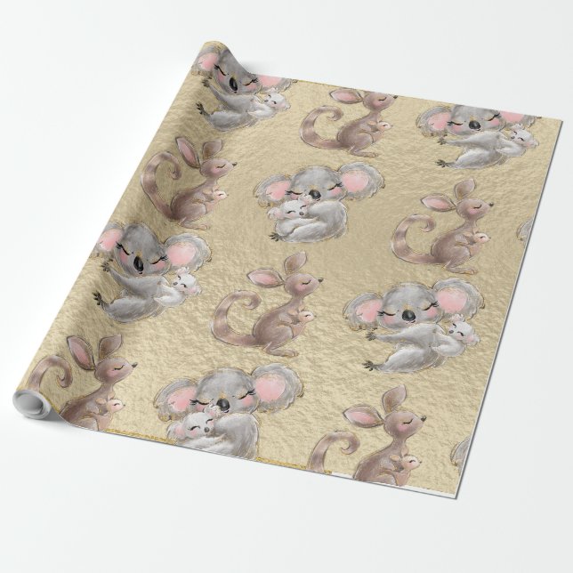 Cute Koala, Kangaroo, Guld Foil Wrapping Papper Presentpapper (Utrullad)