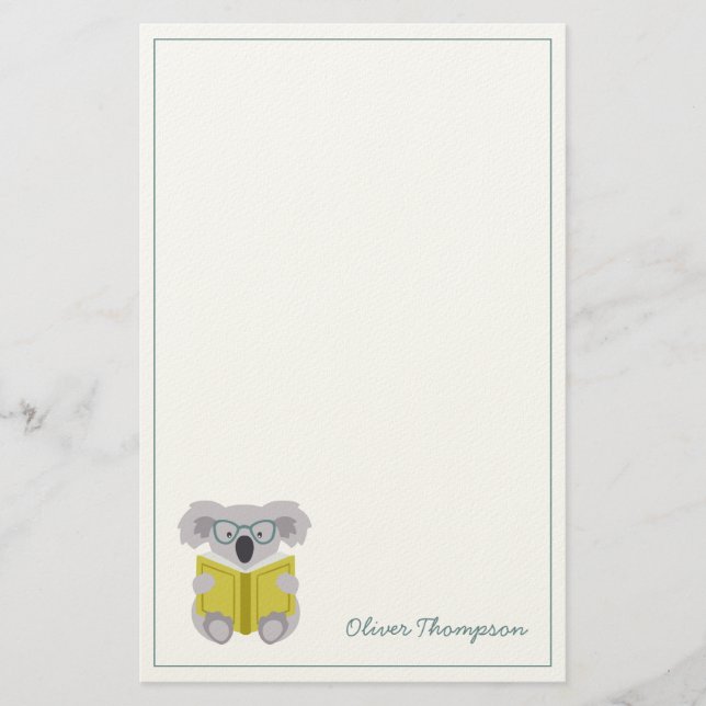 Cute koala läser pappra barnskrivbord brevpapper (Framsida)