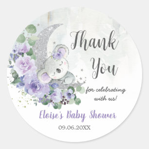 Cute Koala Lila Blommigt Måne Baby Shower Birthday Runt Klistermärke