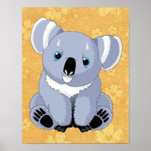 Cute Koala med Blommigt Bakgrund Poster