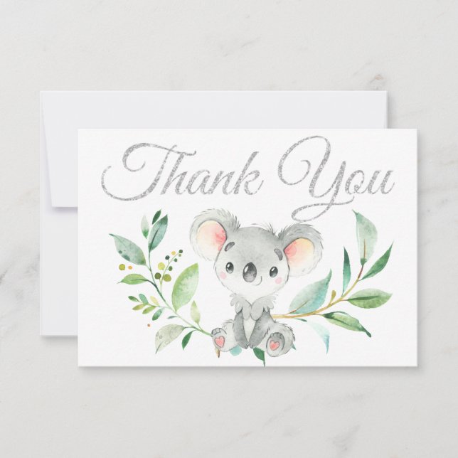 Cute Koala och Eucalyptus Baby Shower Tack Kort (Framsida)