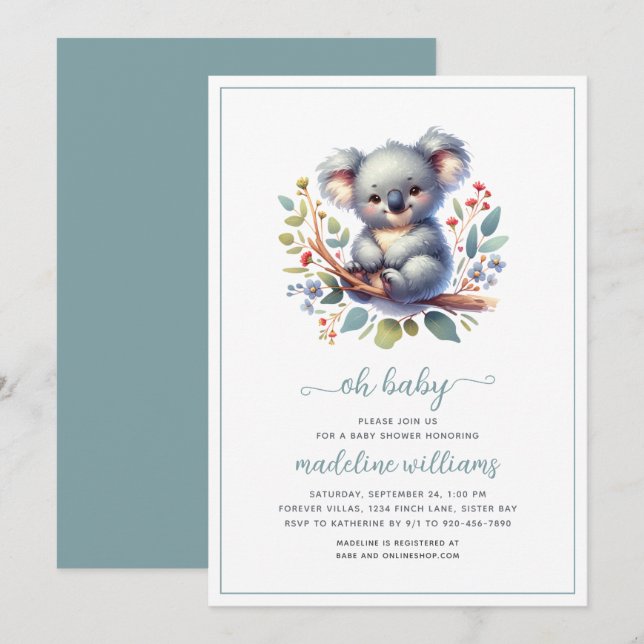 Cute Koala Oh Baby Shower-inbjudan Inbjudningar (Fram/baksida)