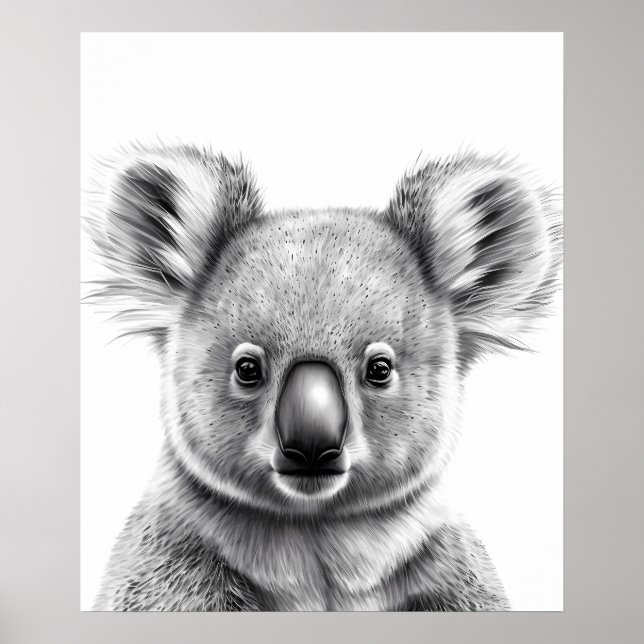Cute Koala Porträtt Black white Poster (Framsidan)