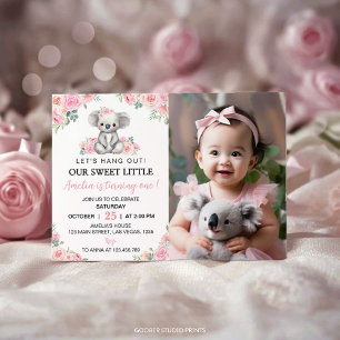 Cute Koala Rosa Blommigt Birthday Photo Investigat Tack Kort
