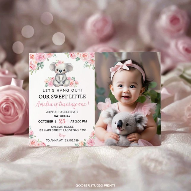 Cute Koala Rosa Blommigt Birthday Photo Investigat Tack Kort (Skapare uppladdad)