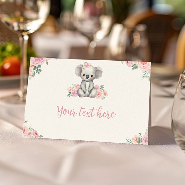 Cute Koala Rosa Blommigt Födelsedagsfest Food Tält Placeringskort (Skapare uppladdad)
