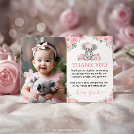 Cute Koala Rosa Blommigt Födelsedagsfest Photo Tack Kort