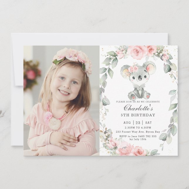 Cute Koala Rosa Blommigt Greenery Birthday Photo Inbjudningar (Framsida)