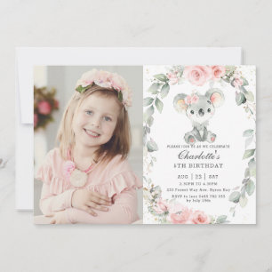 Cute Koala Rosa Blommigt Greenery Birthday Photo Inbjudningar