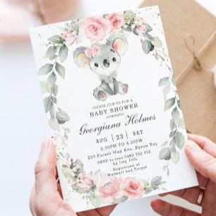 Cute Koala Rosa Blommigt Sage Greenery Baby Shower Inbjudningar