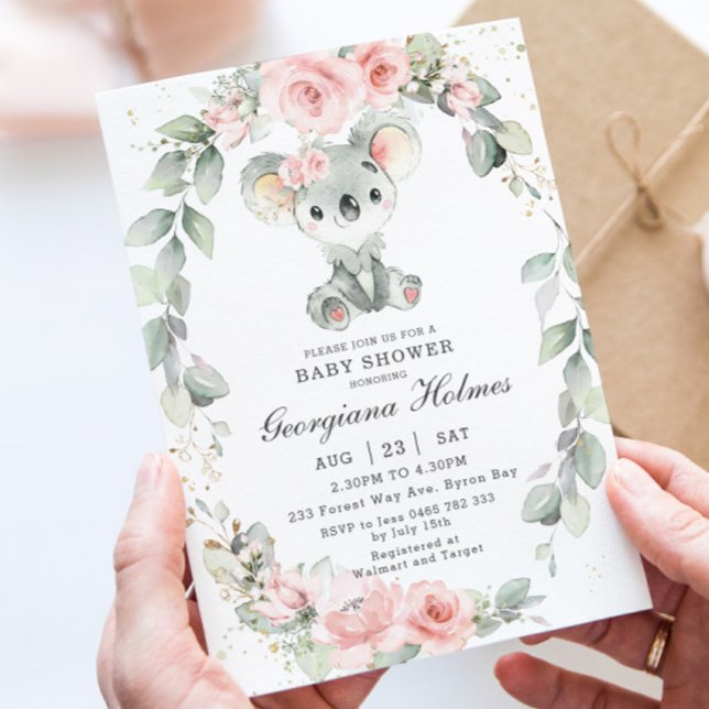 Cute Koala Rosa Blommigt Sage Greenery Baby Shower Inbjudningar (Skapare uppladdad)