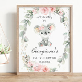 Cute Koala Rosa Blommigt Sage Greenery Baby Shower Poster
