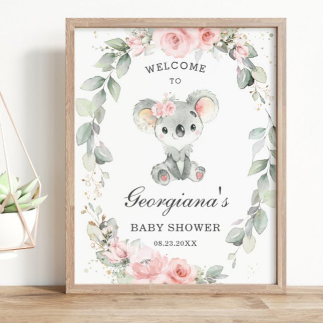 Cute Koala Rosa Blommigt Sage Greenery Baby Shower Poster (Skapare uppladdad)