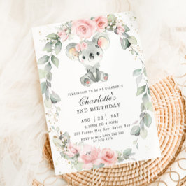 Cute Koala Rosa Blommigt Sage Greenery Birthday Inbjudningar