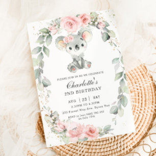Cute Koala Rosa Blommigt Sage Greenery Birthday Inbjudningar