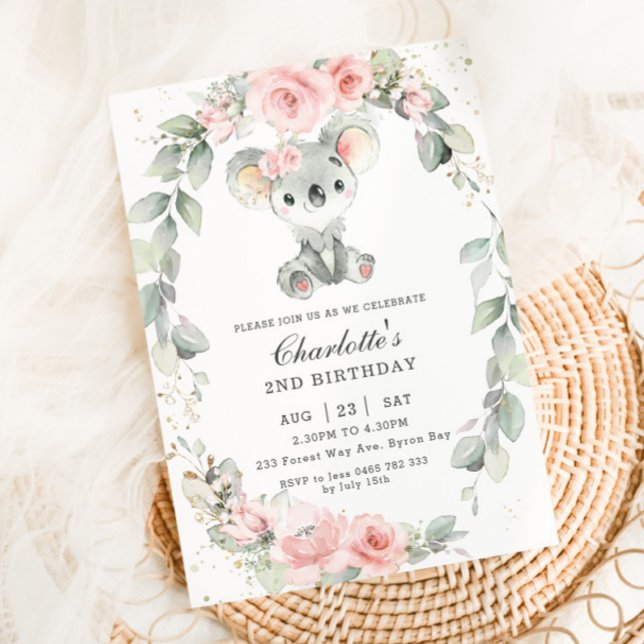 Cute Koala Rosa Blommigt Sage Greenery Birthday Inbjudningar (cute koala blush pink floral sage greenery wreath 1st first birthday invitation card download )