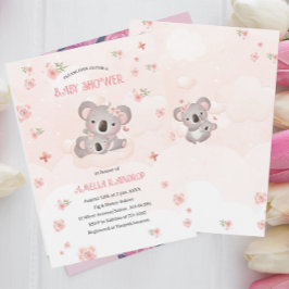 Cute Koala rosa blommor Vattenfärg för babydusch Inbjudningar