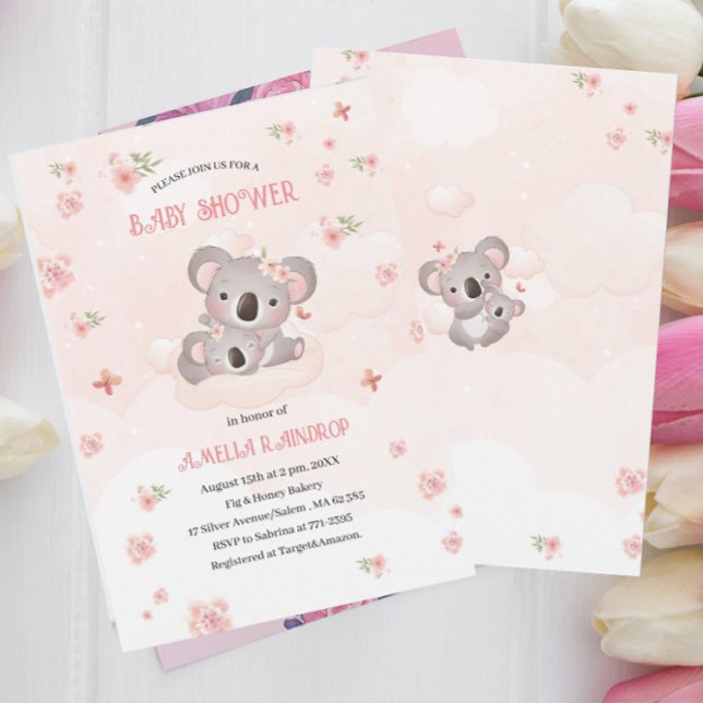 Cute Koala rosa blommor Vattenfärg för babydusch Inbjudningar (Skapare uppladdad)