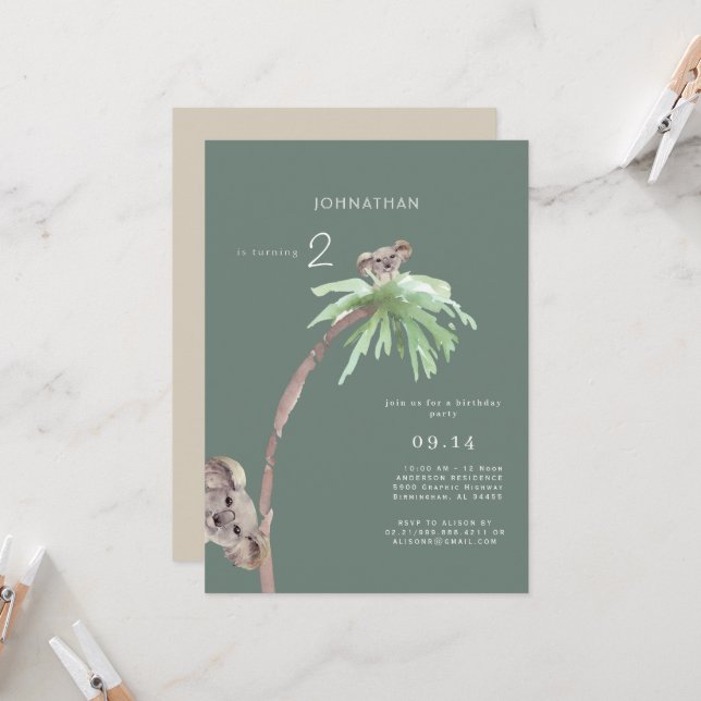 Cute Koala Sage Födelsedagsfest inbjudan (Fram/Back In Situ)