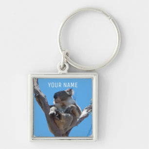 Cute Koala Sleeping i Träd Australien Fyrkantig Silverfärgad Nyckelring