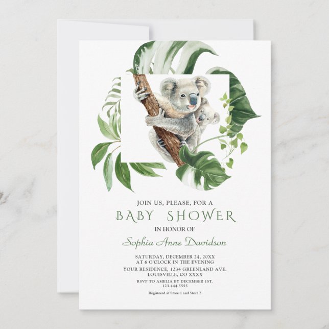 Cute Koala Tropical Greenery Baby Shower Inbjudningar (Framsida)