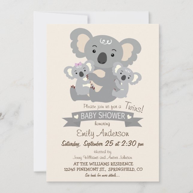 Cute Koala Twillingars Baby Shower Inbjudningar (Framsida)