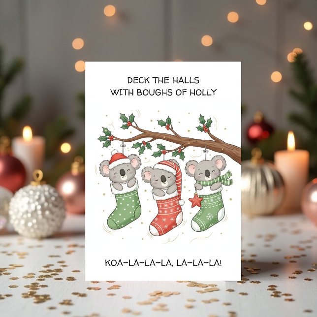 Cute Koala with Christmas Stockings Helgkort (Cute Koala Christmas Card – Funny “Koa-La-La-La” Holiday Pun with Christmas Stockings)