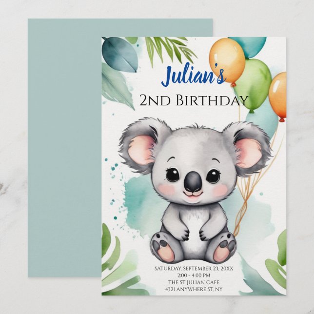 Cute Koala Wonderland Birthday Firation Inbjudningar (Fram/baksida)