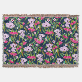 Cute Koalas Pale Lilac on Pink Eucalyptus Flowers Filt