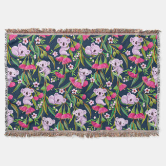 Cute Koalas Pale Lilac on Pink Eucalyptus Flowers Filt