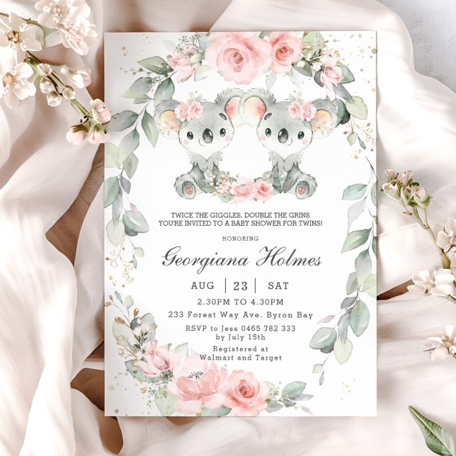 Cute Koalas Rosa Blommigt Twin Girls Baby Shower Inbjudningar (twins girls koala bears blush pink floral sage greenery wreath baby shower invitation cards digital)