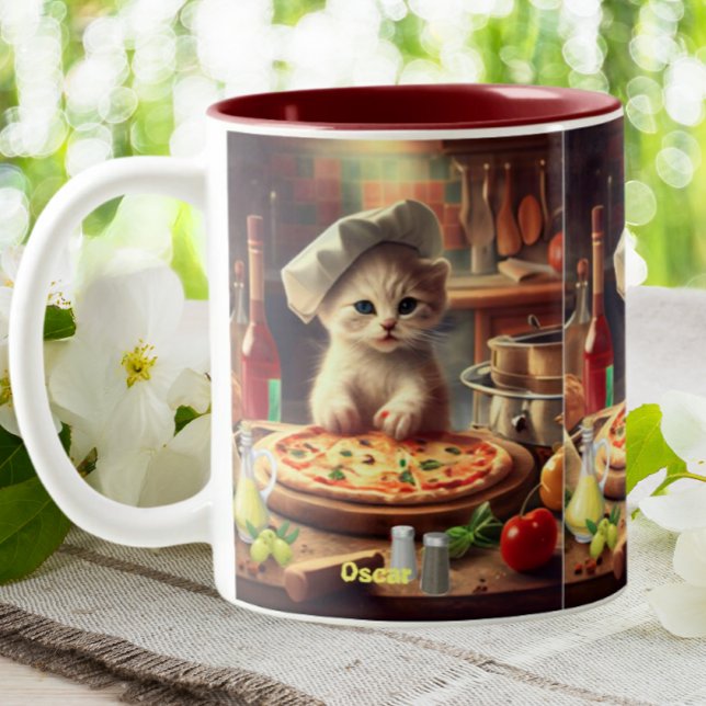 Cute-kocken Cat vid Skapar Pizza Personlig Namn Två-Tonad Mugg (Skapare uppladdad)