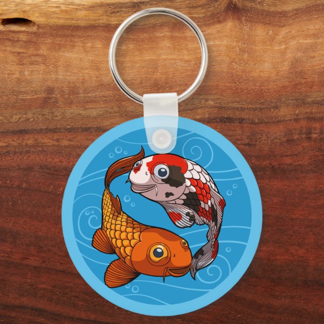Cute Koi Carp Friends Swimming Yin Yang Cartoon Nyckelring (Framsida)