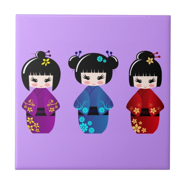 Cute kokeshi-dockor, tecknad kakelplatta (Framsidan)