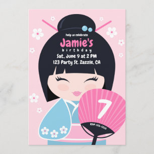 Cute Kokeshi Doll Birthday Inbjudningar
